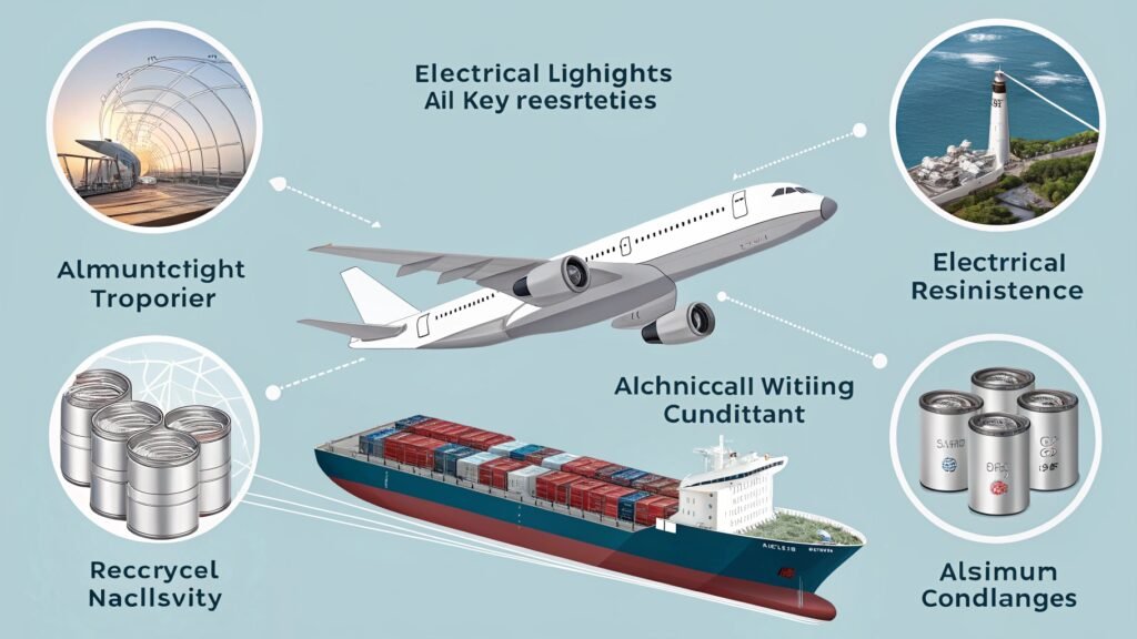 alt text: Symbolic icons representing aluminum properties - feather, shield, lightning bolt, flame, mirror, recycle symbol, gear